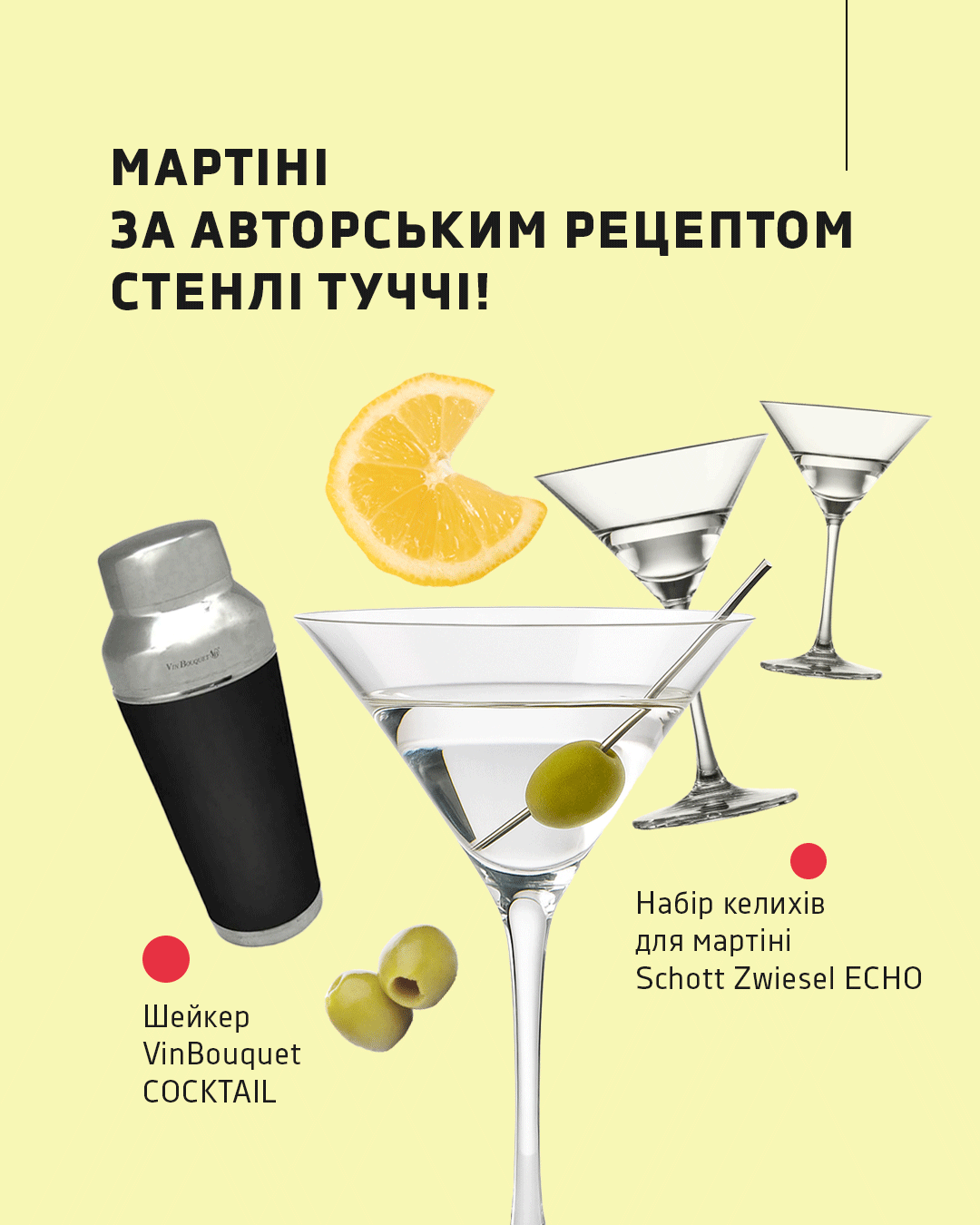 Рецепт авторського мартіні: шейкер VinBouquet, набір келихів для мартіні з кришталевого скла Schott Zwiesel ECHO